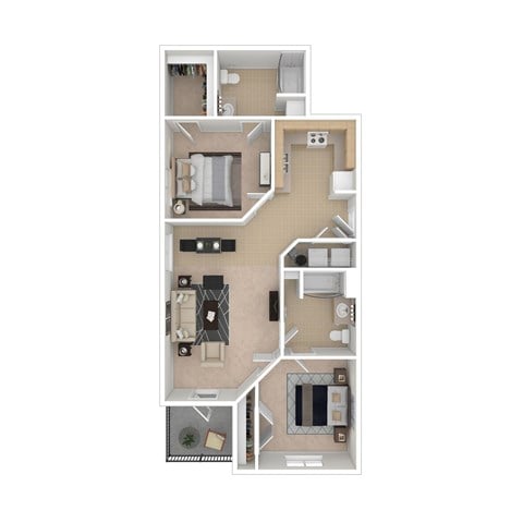 Floor plan for 2 beds, 2 baths, 1042 sqft